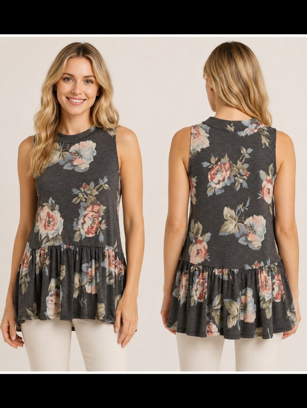 💐Braeve Gray Floral Stretch Knit Drop Waist Ruffle Hem Tunic Top XS/S